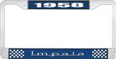 1958 Impala Style #3 Blue and Chrome License Plate Frame with White Lettering