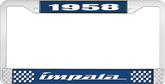 1958 Impala Style #4 Blue and Chrome License Plate Frame with White Lettering