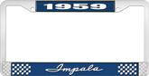 1959 Impala Style #1 Blue and Chrome License Plate Frame with White Lettering