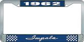 1962 Impala Style #1 Blue and Chrome License Plate Frame with White Lettering