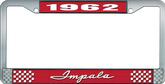 1962 Impala Style #1 Red and Chrome License Plate Frame with White Lettering