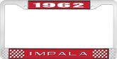 1962 Impala Style #2 Red and Chrome License Plate Frame with White Lettering
