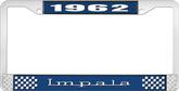 1962 Impala Style #3 Blue and Chrome License Plate Frame with White Lettering