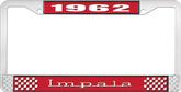 1962 Impala Style #3 Red and Chrome License Plate Frame with White Lettering