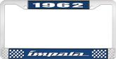 1962 Impala Style #4 Blue and Chrome License Plate Frame with White Lettering