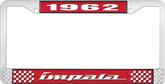 1962 Impala Style #4 Red and Chrome License Plate Frame with White Lettering