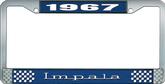 1967 Impala Style #3 Blue and Chrome License Plate Frame with White Lettering