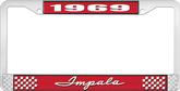 1969 Impala Style #1 Red and Chrome License Plate Frame with White Lettering
