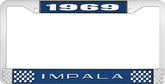 1969 Impala Style #2 Blue and Chrome License Plate Frame with White Lettering