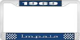1969 Impala Style #3 Blue and Chrome License Plate Frame with White Lettering