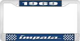 1969 Impala Style #4 Blue and Chrome License Plate Frame with White Lettering