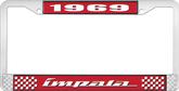 1969 Impala Style #4 Red and Chrome License Plate Frame with White Lettering