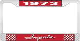 1973 Impala Style #1 Red and Chrome License Plate Frame with White Lettering