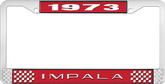 1973 Impala Style #2 Red and Chrome License Plate Frame with White Lettering
