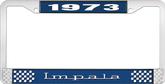 1973 Impala Style #3 Blue and Chrome License Plate Frame with White Lettering