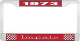 1973 Impala Style #3 Red and Chrome License Plate Frame with White Lettering