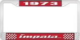 1973 Impala Style #4 Red and Chrome License Plate Frame with White Lettering