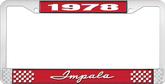 1978 Impala Style #1 Red and Chrome License Plate Frame with White Lettering