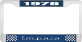 1978 Impala Style #3 Blue and Chrome License Plate Frame with White Lettering