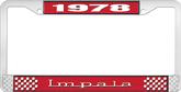1978 Impala Style #3 Red and Chrome License Plate Frame with White Lettering