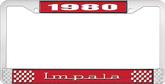 1980 Impala Style #3 Red and Chrome License Plate Frame with White Lettering