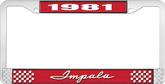 1981 Impala Style #1 Red and Chrome License Plate Frame with White Lettering