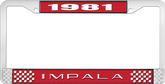 1981 Impala Style #2 Red and Chrome License Plate Frame with White Lettering