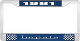 1981 Impala Style #3 Blue and Chrome License Plate Frame with White Lettering