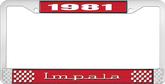 1981 Impala Style #3 Red and Chrome License Plate Frame with White Lettering