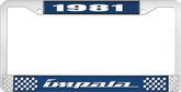 1981 Impala Style #4 Blue and Chrome License Plate Frame with White Lettering