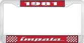 1981 Impala Style #4 Red and Chrome License Plate Frame with White Lettering