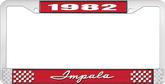 1982 Impala Style #1 Red and Chrome License Plate Frame with White Lettering