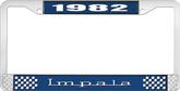 1982 Impala Style #3 Blue and Chrome License Plate Frame with White Lettering