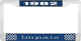 1982 Impala Style #3 Blue and Chrome License Plate Frame with White Lettering