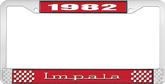 1982 Impala Style #3 Red and Chrome License Plate Frame with White Lettering