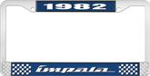 1982 Impala Style #4 Blue and Chrome License Plate Frame with White Lettering