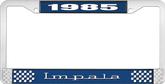 1985 Impala Style #3 Blue and Chrome License Plate Frame with White Lettering