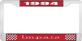 1994 Impala Style #3 Red and Chrome License Plate Frame with White Lettering