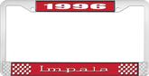 1996 Impala Style #3 Red and Chrome License Plate Frame with White Lettering