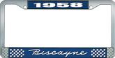 1958 Biscayne; License Plate Frame; Style #1; Blue And Chrome With White Lettering