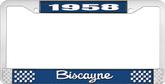 1958 Biscayne; License Plate Frame; Style #2; Blue And Chrome With White Lettering