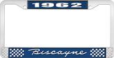 1962 Biscayne; License Plate Frame; Style #1; Blue And Chrome With White Lettering