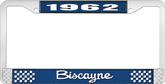 1962 Biscayne; License Plate Frame; Style #2; Blue And Chrome With White Lettering