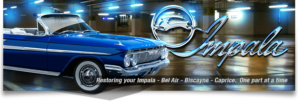 Graphic of a 61 impala in blue cruising fast in the parking lots